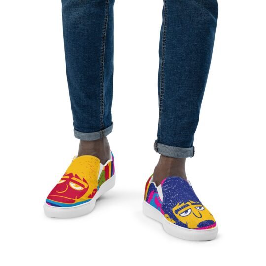 Beatles inspired Mens slip-on canvas shoes - Dive into a playful fusion of classic rock and modern digital art with our Beatles-inspired Shoes, where the timeless charm of the Fab Four meets the whimsical world of internet culture. 