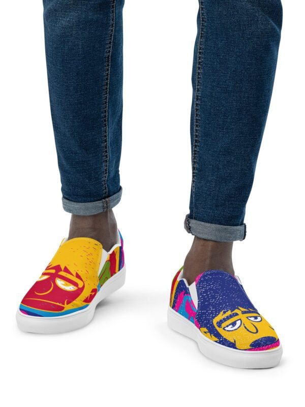 Beatles inspired Mens slip-on canvas shoes - Dive into a playful fusion of classic rock and modern digital art with our Beatles-inspired Shoes, where the timeless charm of the Fab Four meets the whimsical world of internet culture. 