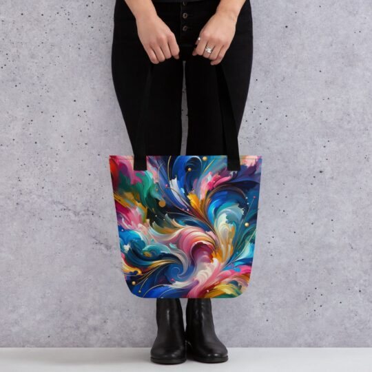 A vibrant and colorful tote bag, named the Cosmic Dance Tote Bag, displays a dazzling array of hues in an abstract, cosmic-inspired pattern. The rich, swirling colors suggest a celestial theme, reminiscent of a galaxy's dynamic beauty.