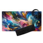 A high-performance gaming mouse pad with a cosmic, multicolored design featuring bright, swirling colors that mimic a galactic nebula. Perfect for enhancing any gaming setup with both visual appeal and functional excellence.