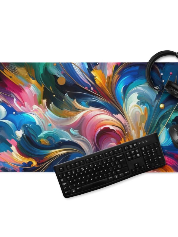 A high-performance gaming mouse pad with a cosmic, multicolored design featuring bright, swirling colors that mimic a galactic nebula. Perfect for enhancing any gaming setup with both visual appeal and functional excellence.