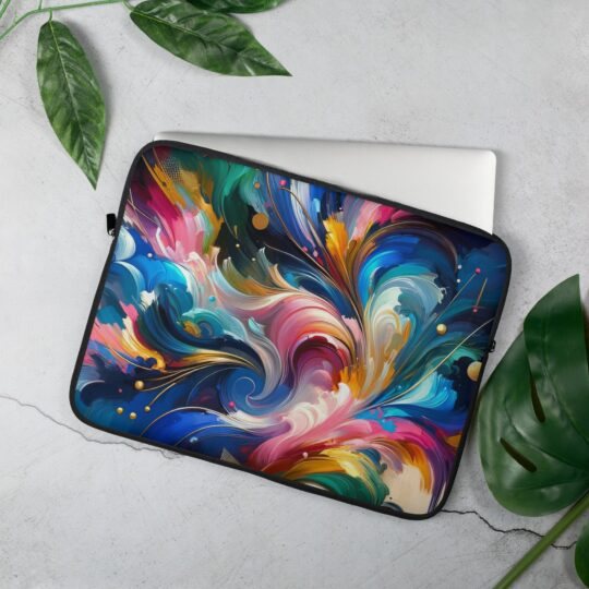 Laptop sleeve with multi-coloured cosmic design