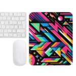 A hand resting on a ZestFiesta Mouse Pad, which displays a vivid geometric pattern in bright shades of pink, blue, yellow, and black, providing a colorful and dynamic surface for mouse usage.