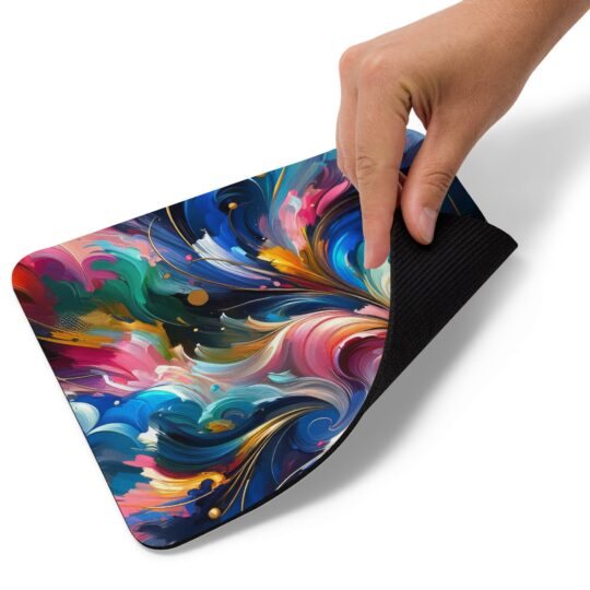 An image of a high-quality gaming mouse pad adorned with a cosmic pattern of swirling colors and nebula-like designs, creating a vibrant and engaging visual that's both aesthetically pleasing and practical for gaming precision.