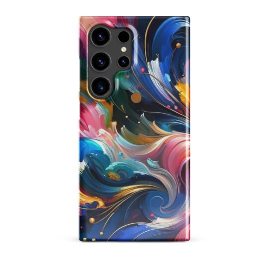 An image of a Samsung phone case with a striking cosmic design, featuring bold swirls of blue, pink, and gold that create a visual reminiscent of a galaxy. The case offers a glossy finish and precise cutouts for camera and ports, blending form and function.