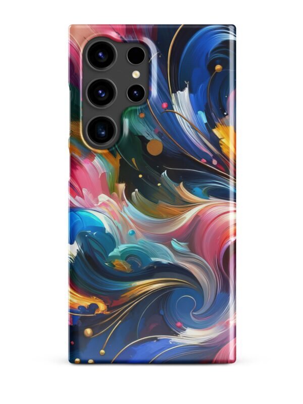 An image of a Samsung phone case with a striking cosmic design, featuring bold swirls of blue, pink, and gold that create a visual reminiscent of a galaxy. The case offers a glossy finish and precise cutouts for camera and ports, blending form and function.