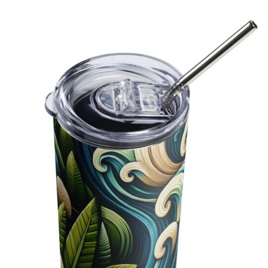 stainless steel tumbler could be named "Elegant Vortex Stainless Steel Tumbler". The design features a series of sophisticated swirls in a palette that suggests a blend of classic and contemporary styles.