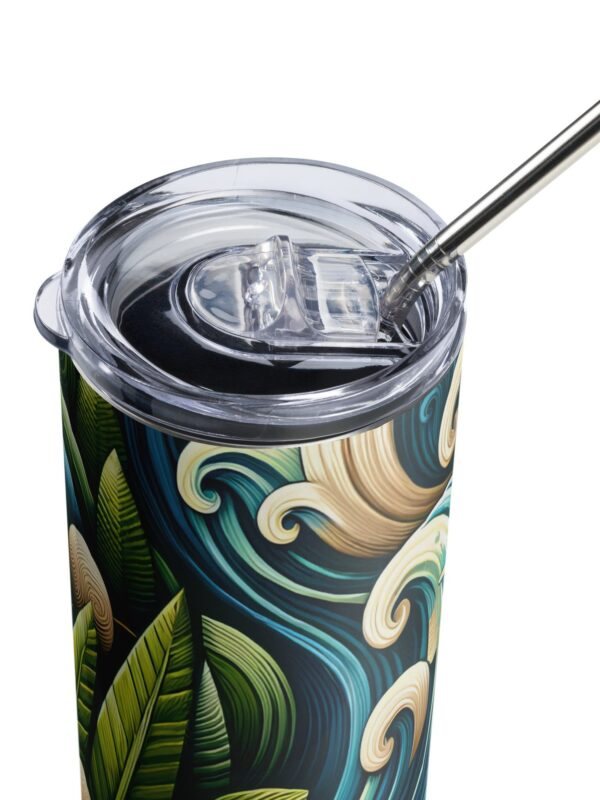 stainless steel tumbler could be named "Elegant Vortex Stainless Steel Tumbler". The design features a series of sophisticated swirls in a palette that suggests a blend of classic and contemporary styles.