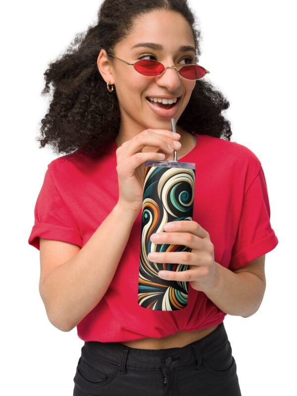 This reusable tumbler with a metal straw is a perfect combo for hot or cold drinks at any time of the day. The Vortex Stainless Steel Tumbler, a fusion of artistic flair and exceptional functionality. This tumbler is a masterpiece designed for those who carry a zest for life and an appreciation for the finer details.