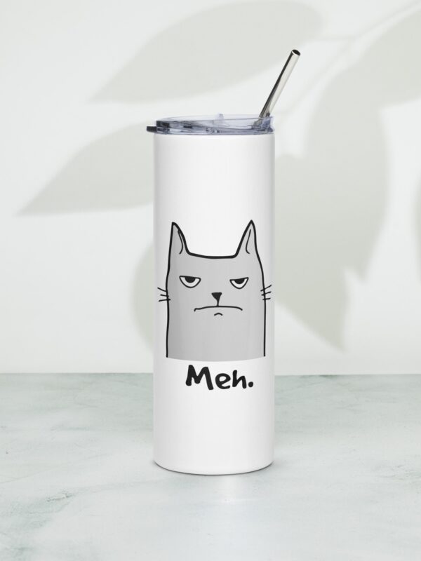 An insulated stainless steel tumbler with a straw, adorned with a nonchalant cat illustration and the caption "Meh." Perfect for maintaining the temperature of your beverages with a hint of feline apathy. Nonchalant Cat Stainless Steel Tumbler