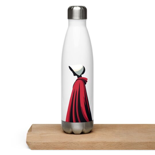 Alt Description: "A stainless steel water bottle featuring a handmade tail-inspired image, reflecting the essence of craftsmanship and creativity. This unique design adds a touch of whimsy and intrigue to the utilitarian object, making it an eye-catching accessory for staying hydrated on the go."