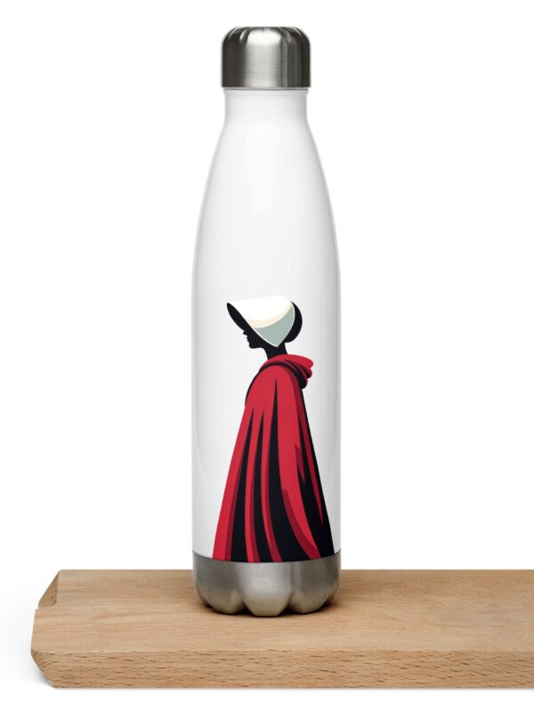 Alt Description: "A stainless steel water bottle featuring a handmade tail-inspired image, reflecting the essence of craftsmanship and creativity. This unique design adds a touch of whimsy and intrigue to the utilitarian object, making it an eye-catching accessory for staying hydrated on the go."