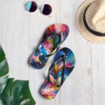 A pair of colorful flip-flops with a vibrant abstract design is laid on a white wooden surface. Next to the flip-flops are a pair of round purple-tinted sunglasses and a straw hat, suggesting a summer theme.