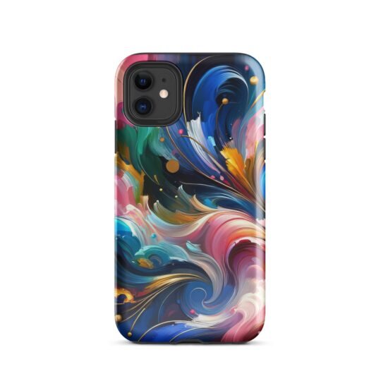 An image showing a robust iPhone case adorned with a vibrant, cosmic pattern that blends deep blues, purples, and pops of pink and gold. The design suggests a nebula or distant galaxy, giving your phone a protective cover that's not only tough and shock-resistant but also visually stunning and unique.