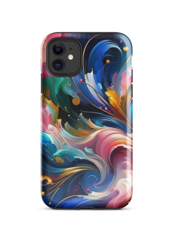 An image showing a robust iPhone case adorned with a vibrant, cosmic pattern that blends deep blues, purples, and pops of pink and gold. The design suggests a nebula or distant galaxy, giving your phone a protective cover that's not only tough and shock-resistant but also visually stunning and unique.