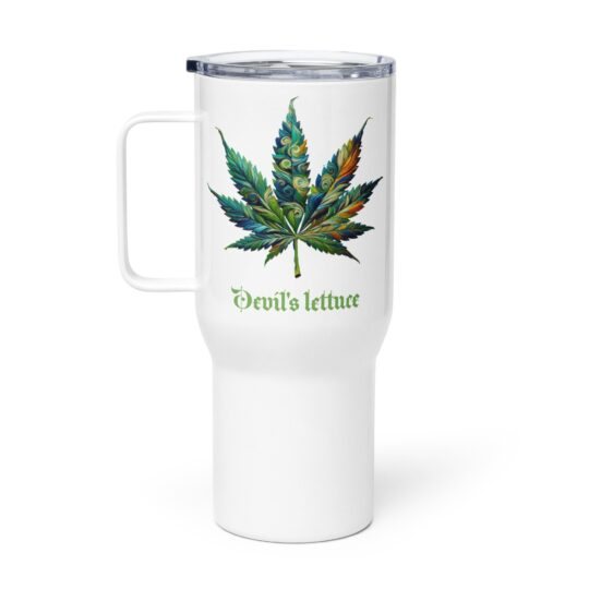 travel mug with a handle white 25 oz right 65dde8a2f2fb0 - Loony Banana - https://loonybanana.com/shop/accessories/drinkware/devils-lettuce-stanley-cup/