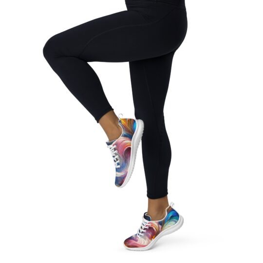 An image showcasing a pair of vibrant athletic shoes for women, featuring a dynamic multicolored design inspired by the cosmos. These stylish sneakers offer lightweight construction, cushioned midsoles, and grippy outsoles for superior comfort and performance during workouts. Perfect for adding a pop of color and cosmic flair to your fitness routine.