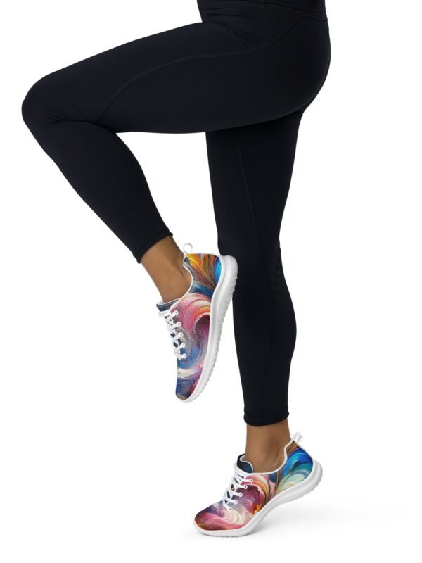 An image showcasing a pair of vibrant athletic shoes for women, featuring a dynamic multicolored design inspired by the cosmos. These stylish sneakers offer lightweight construction, cushioned midsoles, and grippy outsoles for superior comfort and performance during workouts. Perfect for adding a pop of color and cosmic flair to your fitness routine.