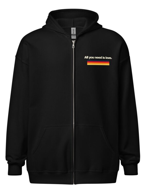 Black hoodie with typography, All You Need Is Love.